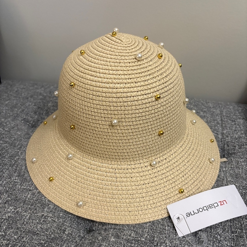 Liz Claiborne Cream Hat with Pearl and Gold Accents